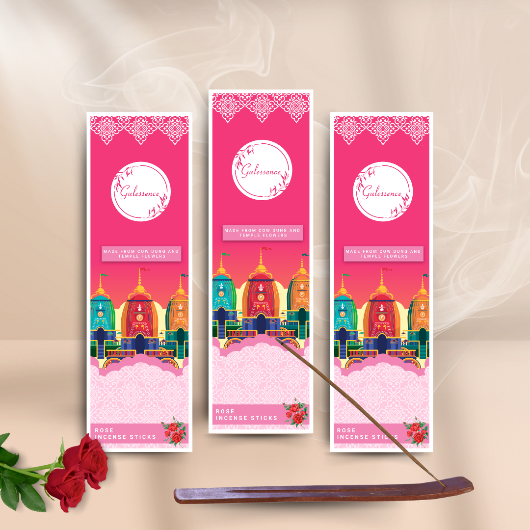 Rose Incense Sticks With Free Incense Holder| Made from Cowdung &amp; Temple Flowers | Gulessence