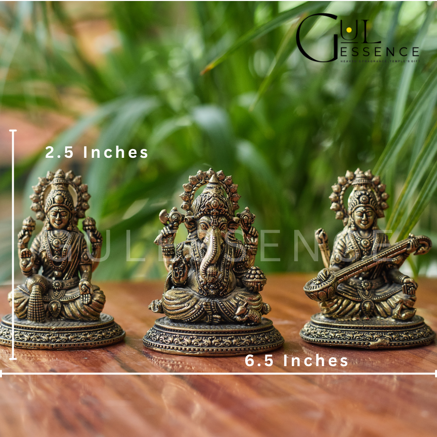 Ganesh Ji, Laxmi Ji &amp; Saraswati Ji Combo Brass Idol – Vastu &amp; Spiritual Benefits | Gulessence - Gulessence