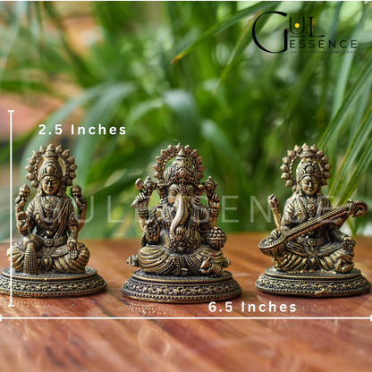 Ganesh Ji, Laxmi Ji &amp; Saraswati Ji Combo Brass Idol – Vastu &amp; Spiritual Benefits | Gulessence - Gulessence