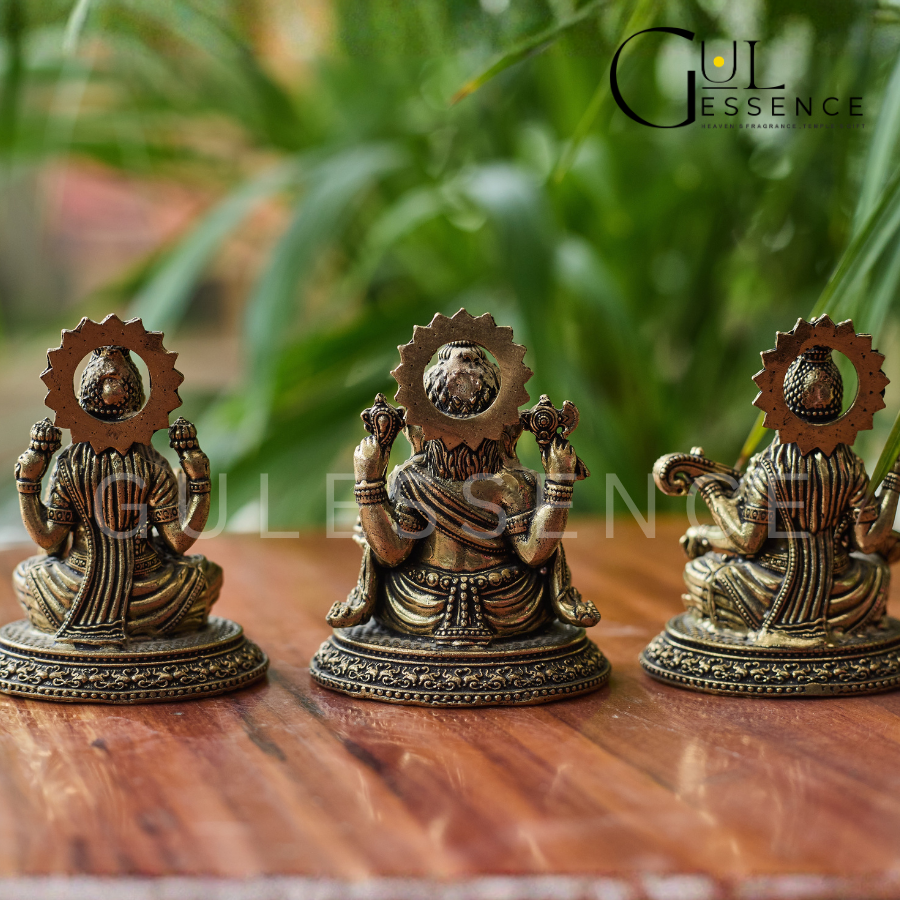 Ganesh Ji, Laxmi Ji &amp; Saraswati Ji Combo Brass Idol – Vastu &amp; Spiritual Benefits | Gulessence - Gulessence