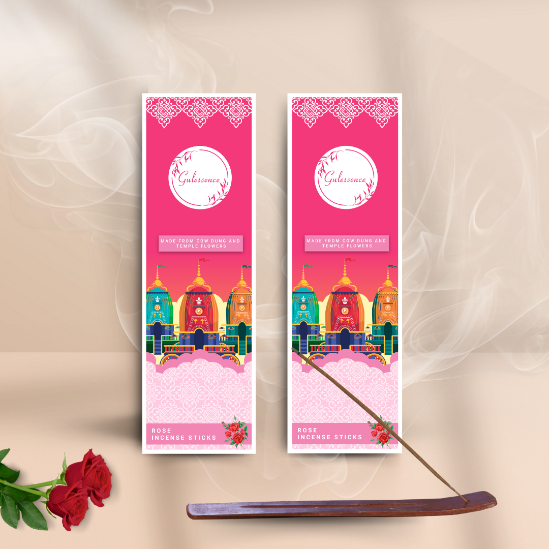 Rose Incense Sticks With Free Incense Holder| Made from Cowdung &amp; Temple Flowers | Gulessence