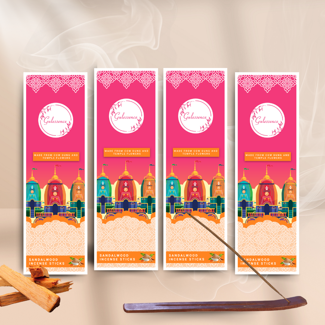 Sandalwood Incense Sticks With Free Incense Holder |  Made from Cow dung &amp; Temple Flower | Gulessence