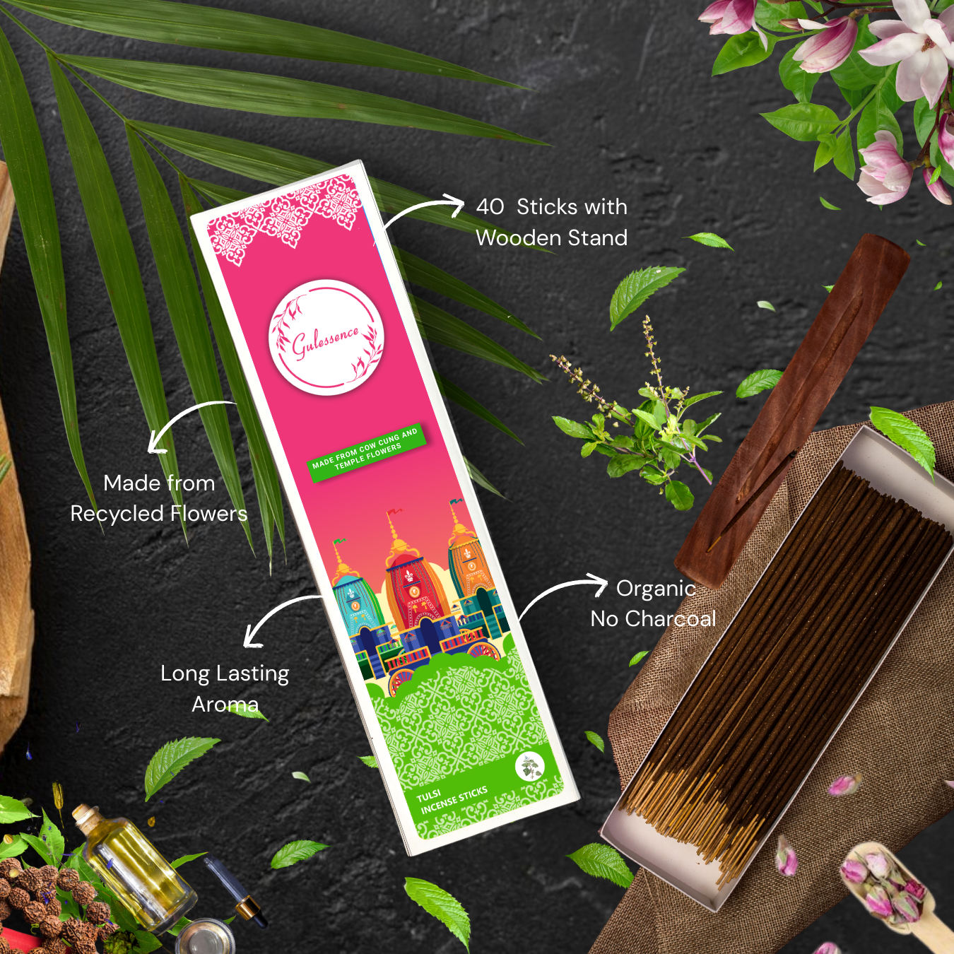 Tulsi Incense Sticks With Free Incense Holder| Made from Temple Flower | Gulessence