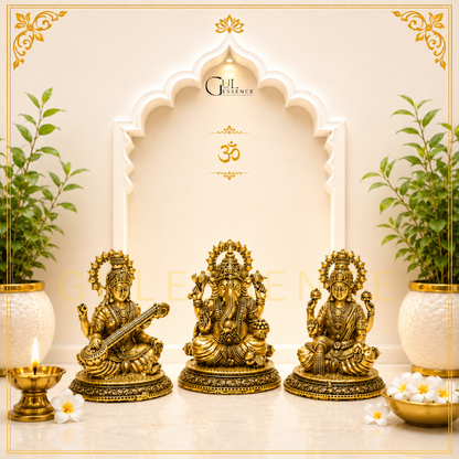 Ganesh Ji, Laxmi Ji &amp; Saraswati Ji Combo Brass Idol – Vastu &amp; Spiritual Benefits | Gulessence