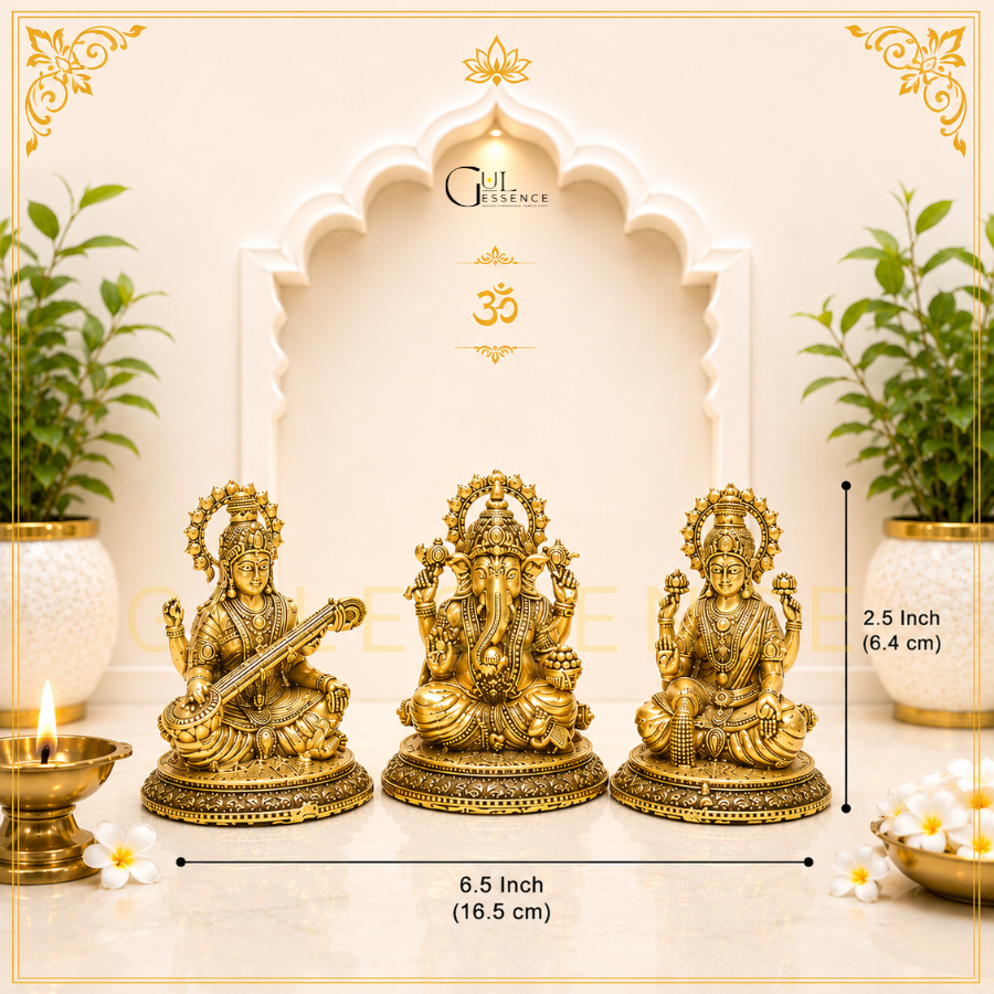 Ganesh Ji, Laxmi Ji &amp; Saraswati Ji Combo Brass Idol – Vastu &amp; Spiritual Benefits | Gulessence