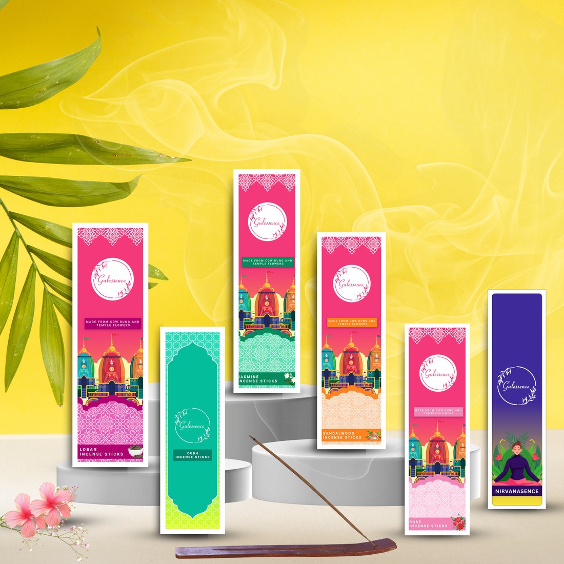 Gulessence (Pack of 6) -Loban ,Oudh, Rose, Jasmine ,Nirvanasence &amp; Sandalwood Incense Sticks with Free Incense Holder