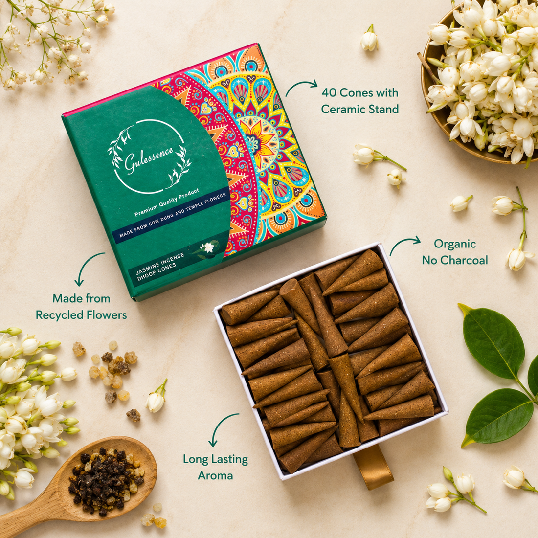 Jasmine Dhoop Cones Made from Cow dung &amp; Temple Flower | Gulessence
