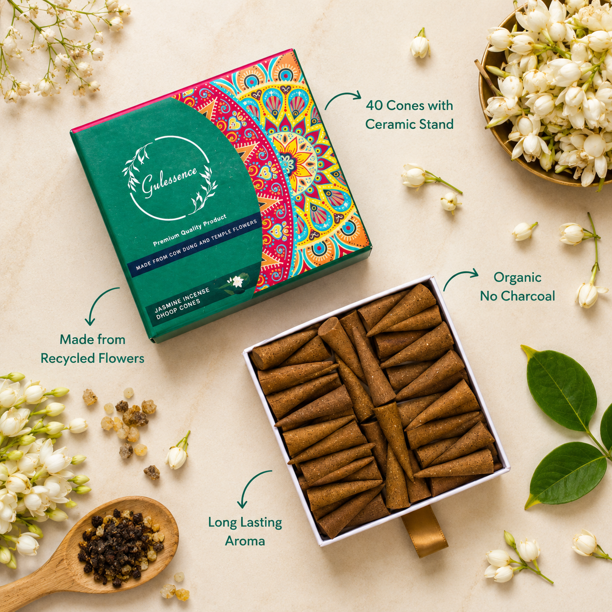 Jasmine Dhoop Cones Made from Cow dung &amp; Temple Flower | Gulessence