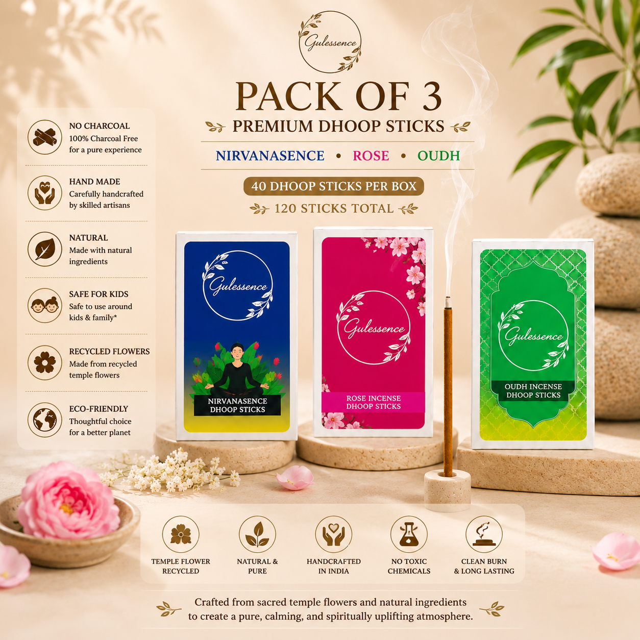 Gulessence Oudh · Rose · Nirvanasence Bambooless Dhoop Sticks Combo – 120 Sticks + Ceramic Holder - Gulessence