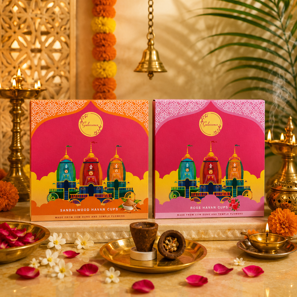 Gulessence Rose &amp; Sandalwood Havan Cups – Pack of 2 | 30 Cups + Free Ceramic Plate | Cow Dung &amp; Temple Flowers - Gulessence