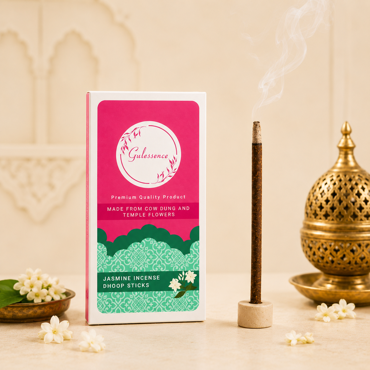 Jasmine Bamboo Less Dhoop Sticks | Made from Cow dung &amp; Temple Flower | Gulessence