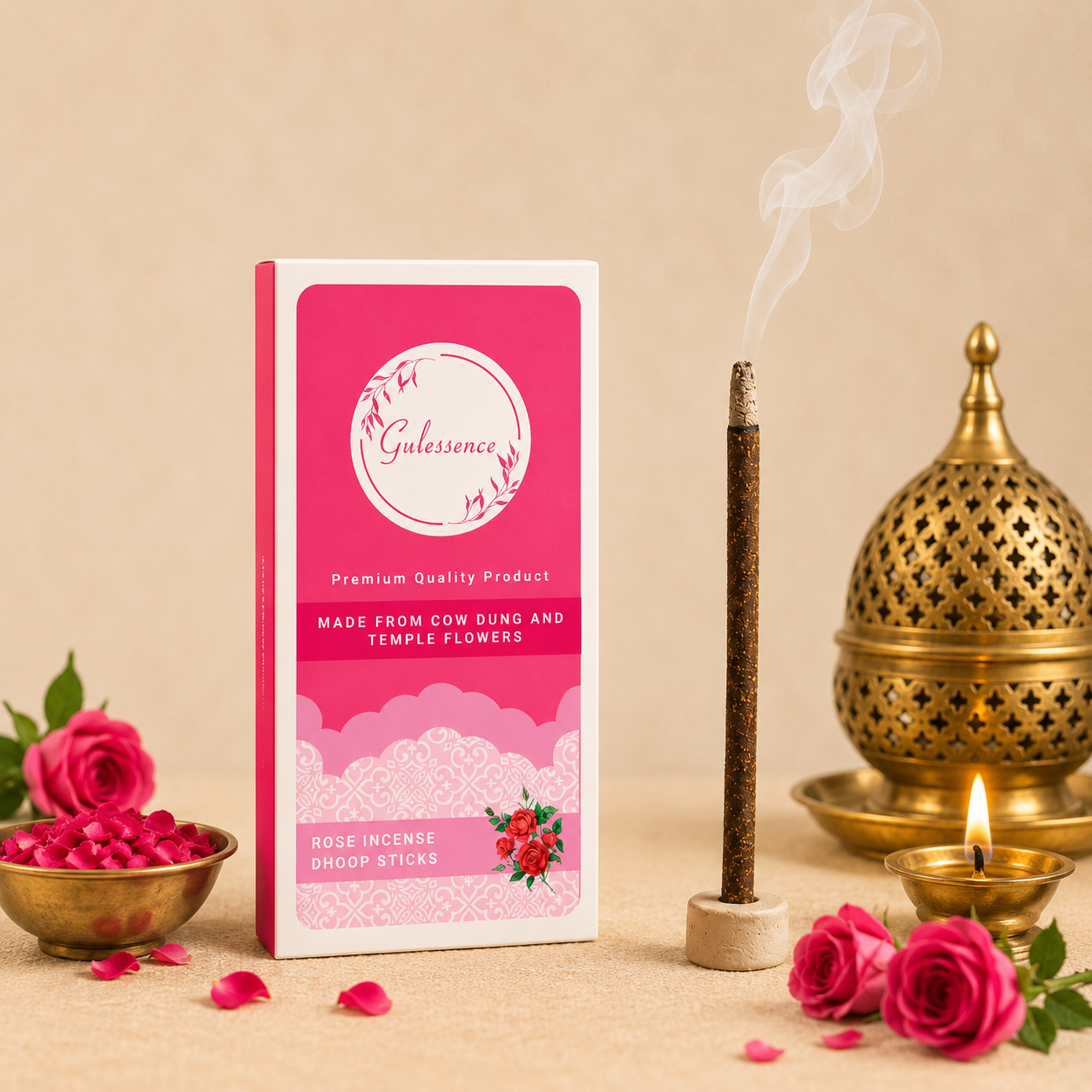 Rose Dhoop Sticks | Made from Cow dung &amp; Temple Flower | Bamboo less Dhoop Sticks | Gulessence - Gulessence
