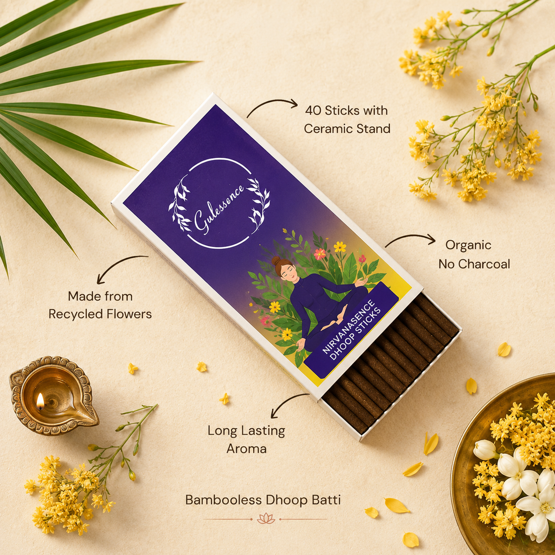 Nirvanasence  Bamboo less Dhoop Sticks | Made from Temple flowers |Gulessence - Gulessence