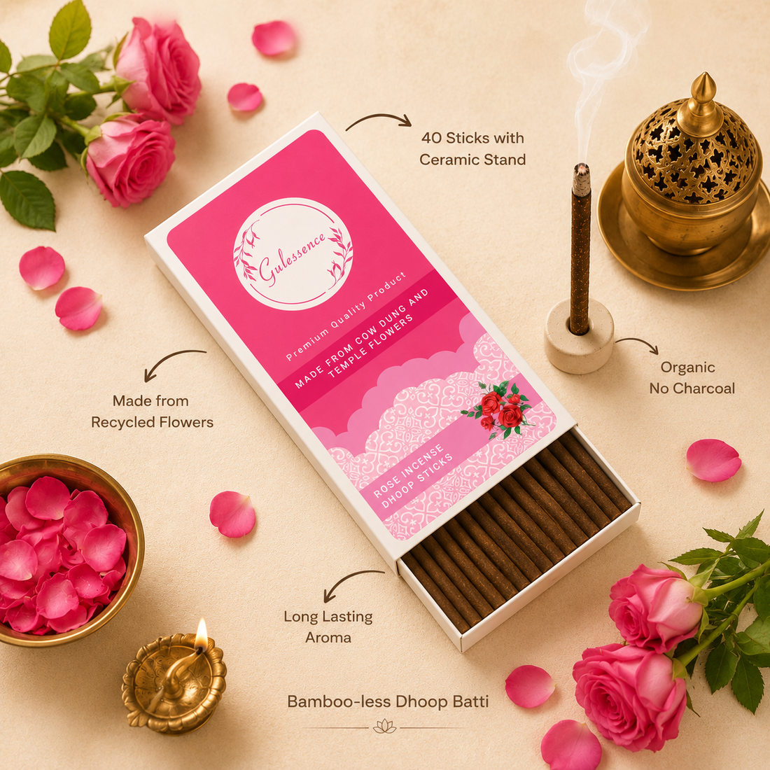 Rose Dhoop Sticks | Made from Cow dung &amp; Temple Flower | Bamboo less Dhoop Sticks | Gulessence - Gulessence