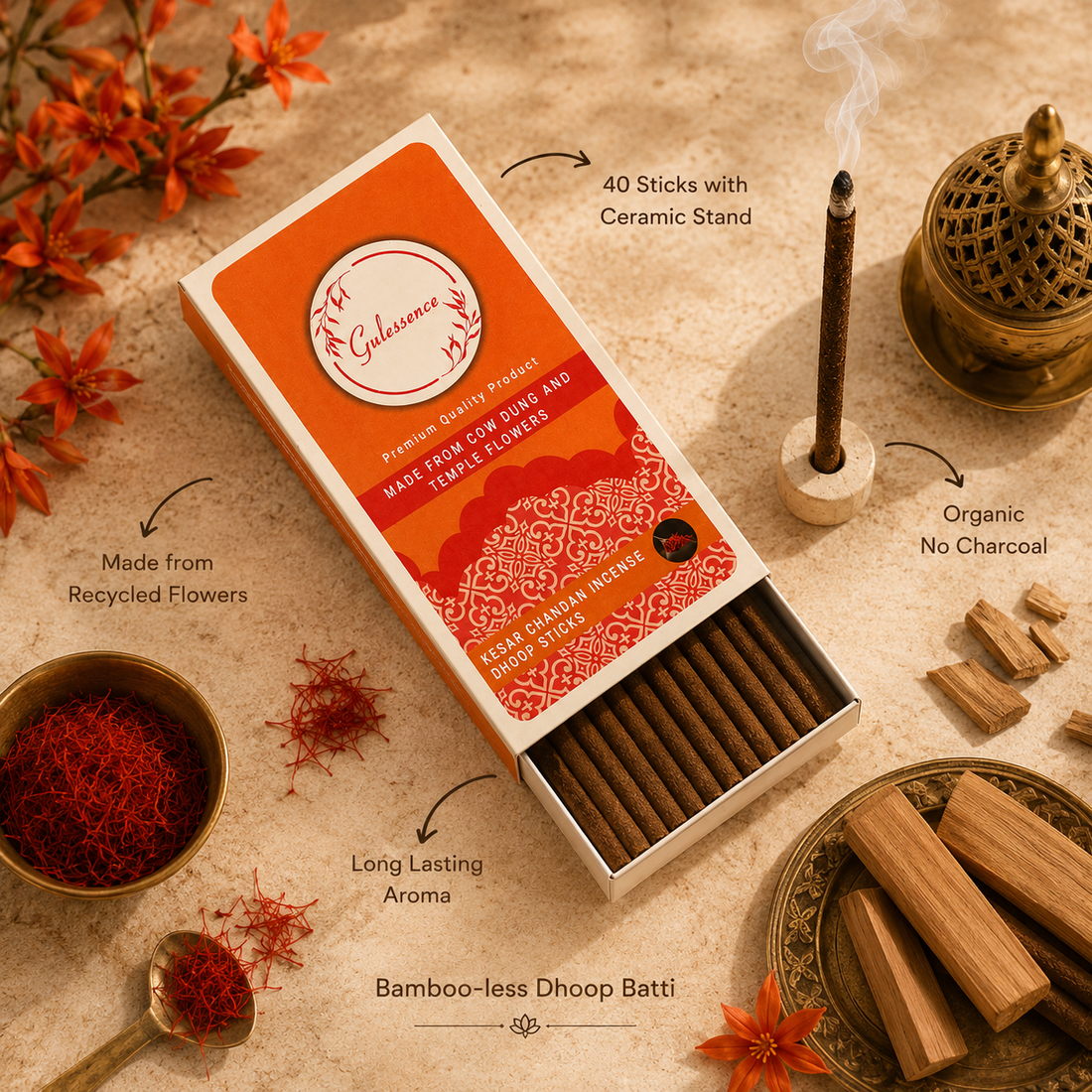 Kesar Chandan Dhoop Sticks | Bamboo less Dhoop Sticks | Gulessence - Gulessence