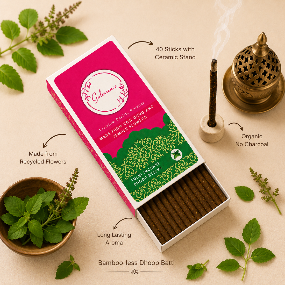 Tulsi Dhoop Sticks | Bambooless Dhoop Sticks | Gulessence - Gulessence