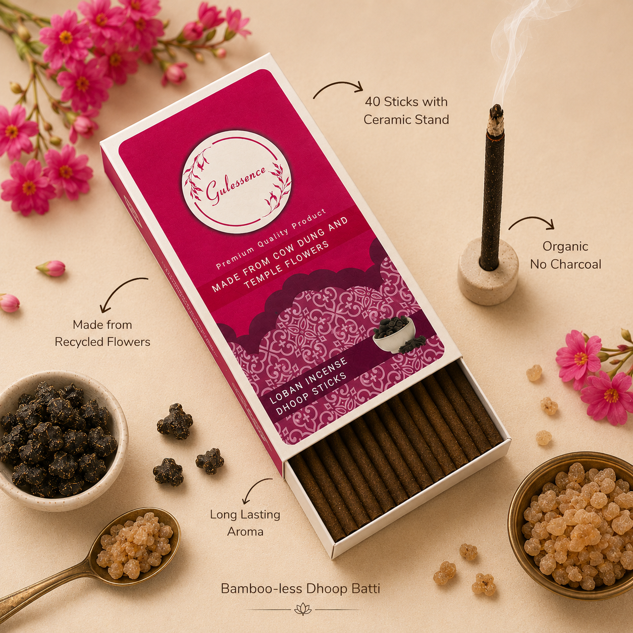 Loban Bamboo Less Dhoop Sticks |  Made from Cow dung &amp; Temple Flower | Gulessence - Gulessence