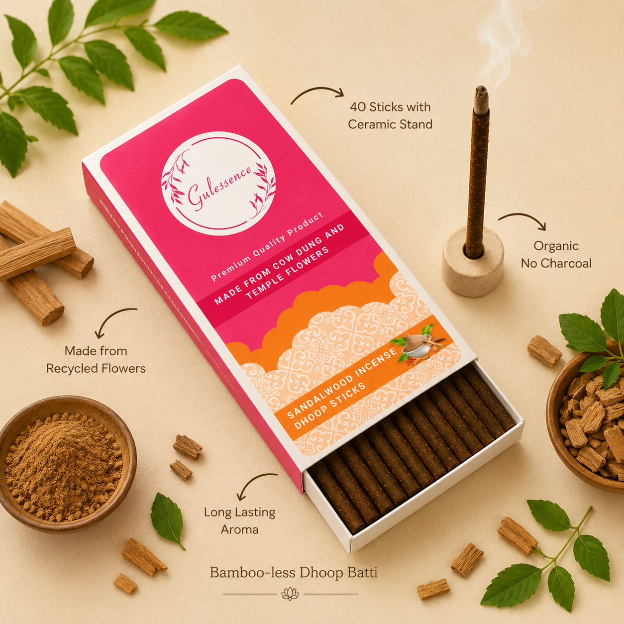 Sandalwood Dhoop Sticks | Bamboo less Dhoop Sticks | Gulessence