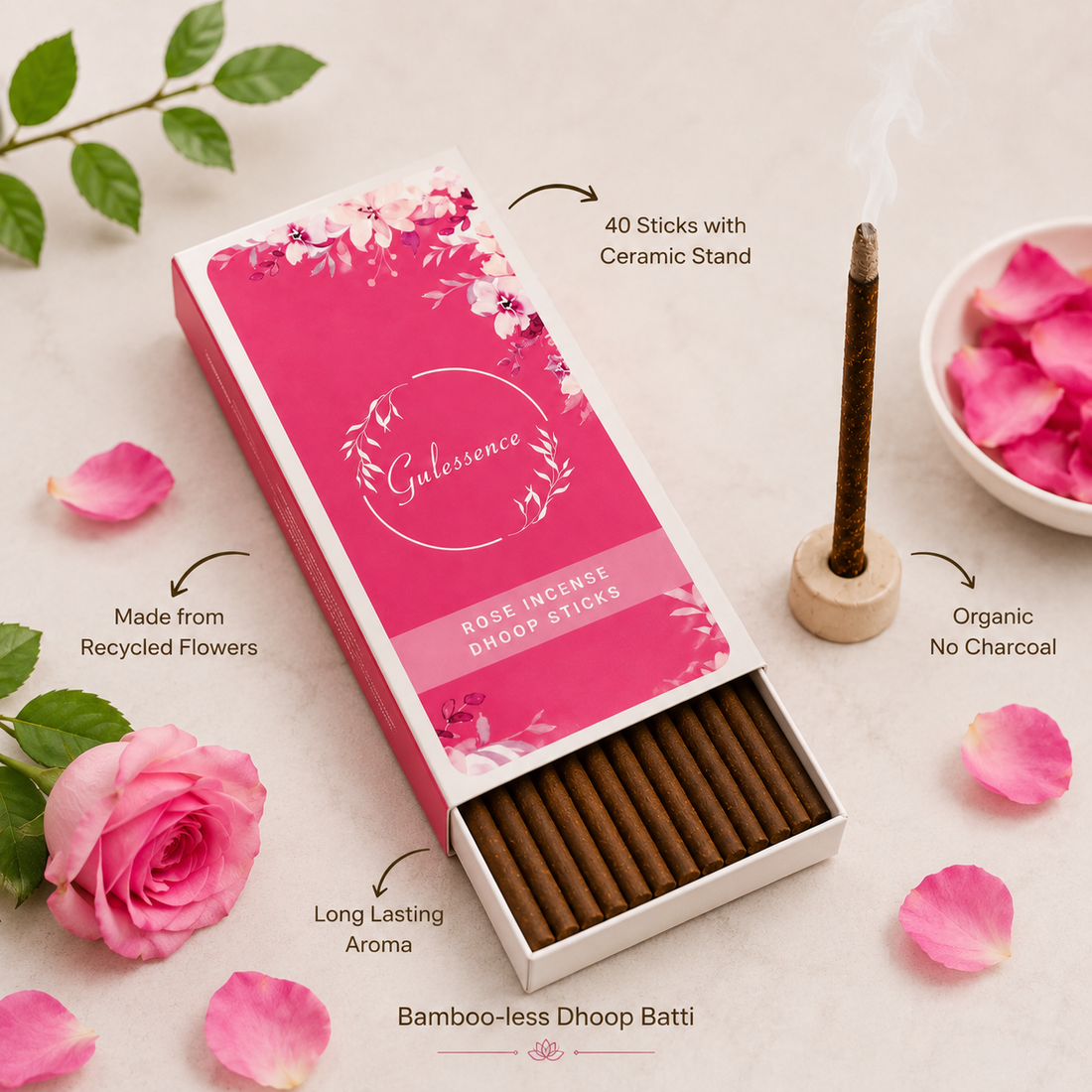 Rose Bamboo less Dhoop Sticks | Made from Temple Flower | Gulessence - Gulessence