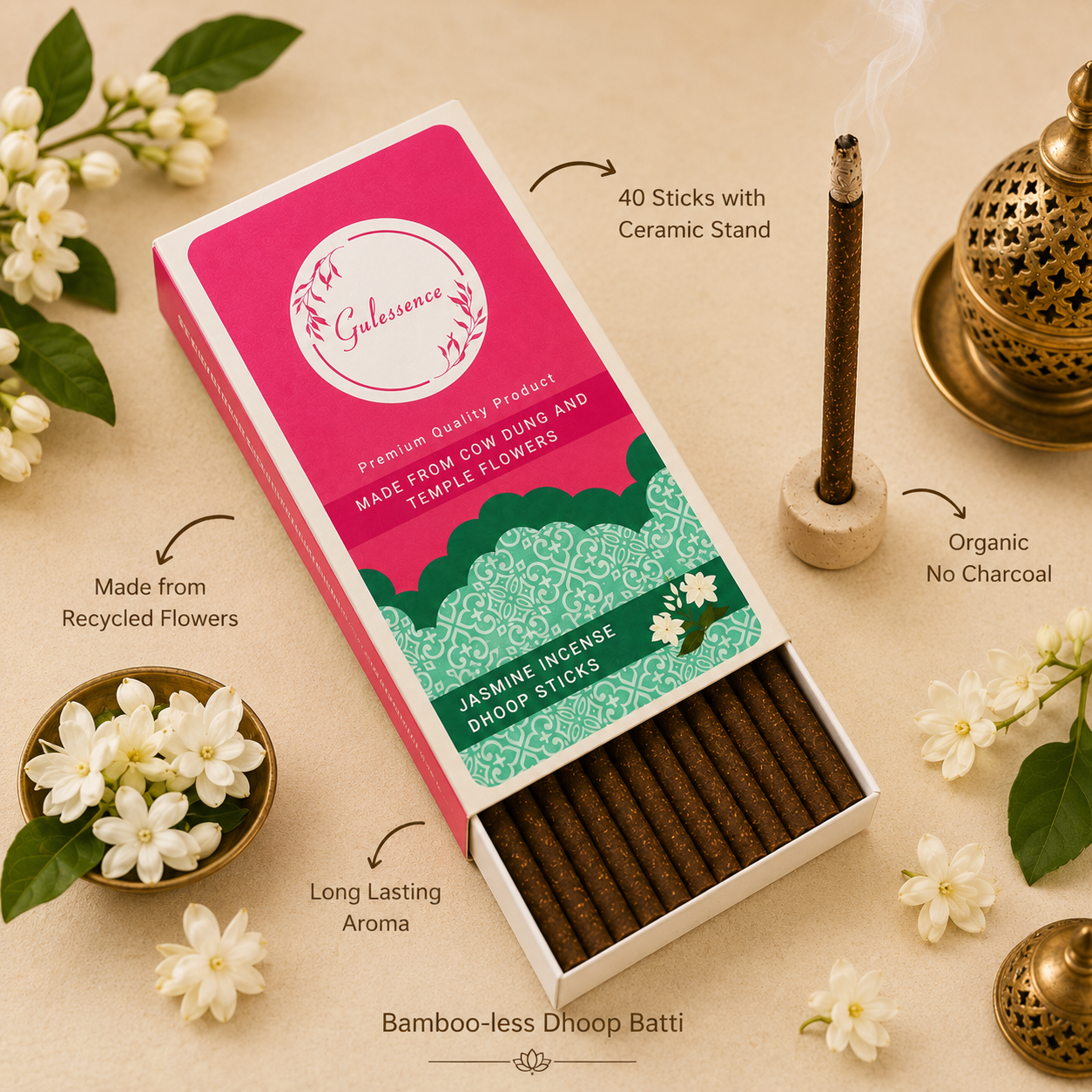 Jasmine Bamboo Less Dhoop Sticks | Made from Cow dung &amp; Temple Flower | Gulessence