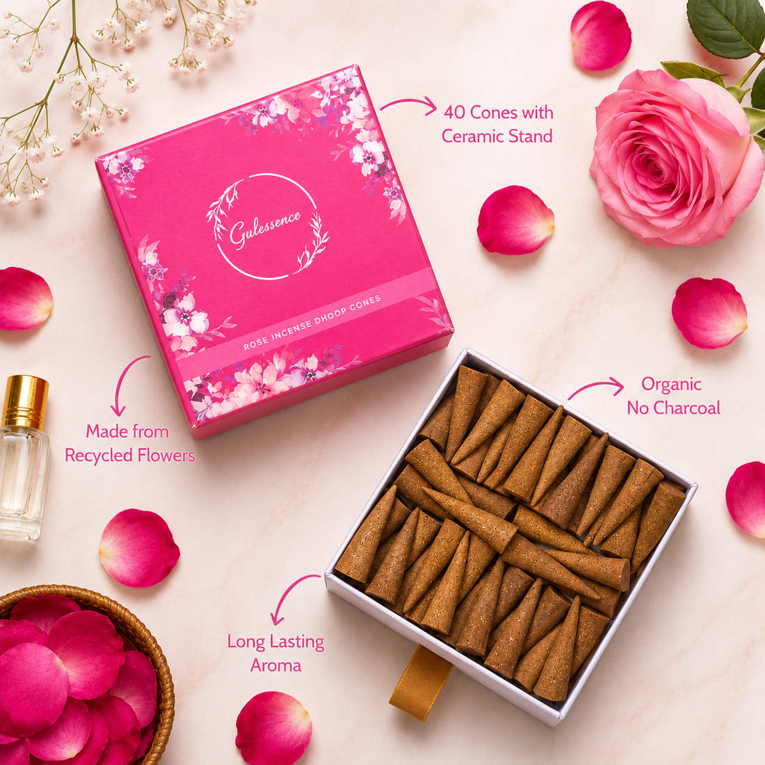 Rose Dhoop Cones | Made from Temple Flower | Gulessence