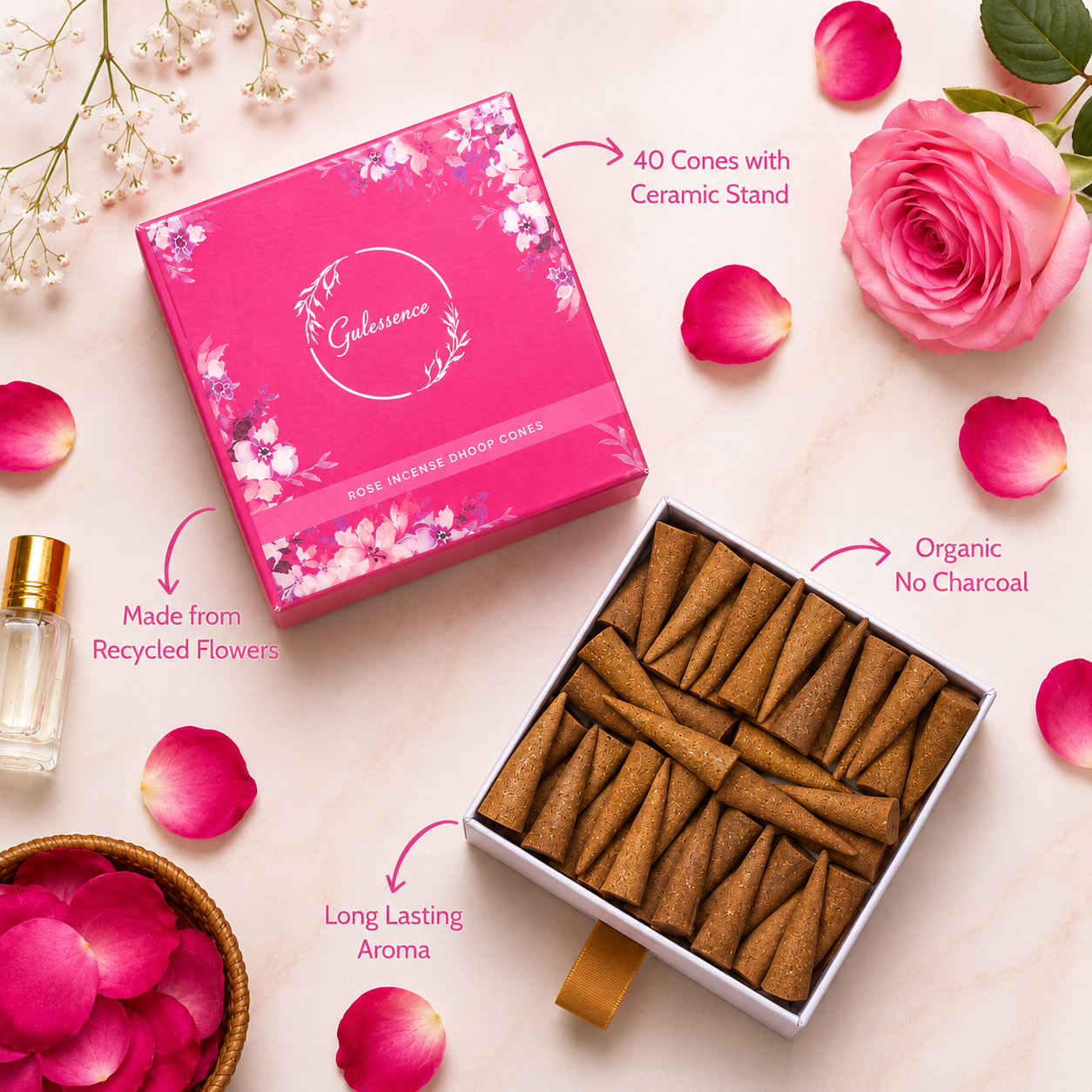 Rose Dhoop Cones | Made from Temple Flower | Gulessence