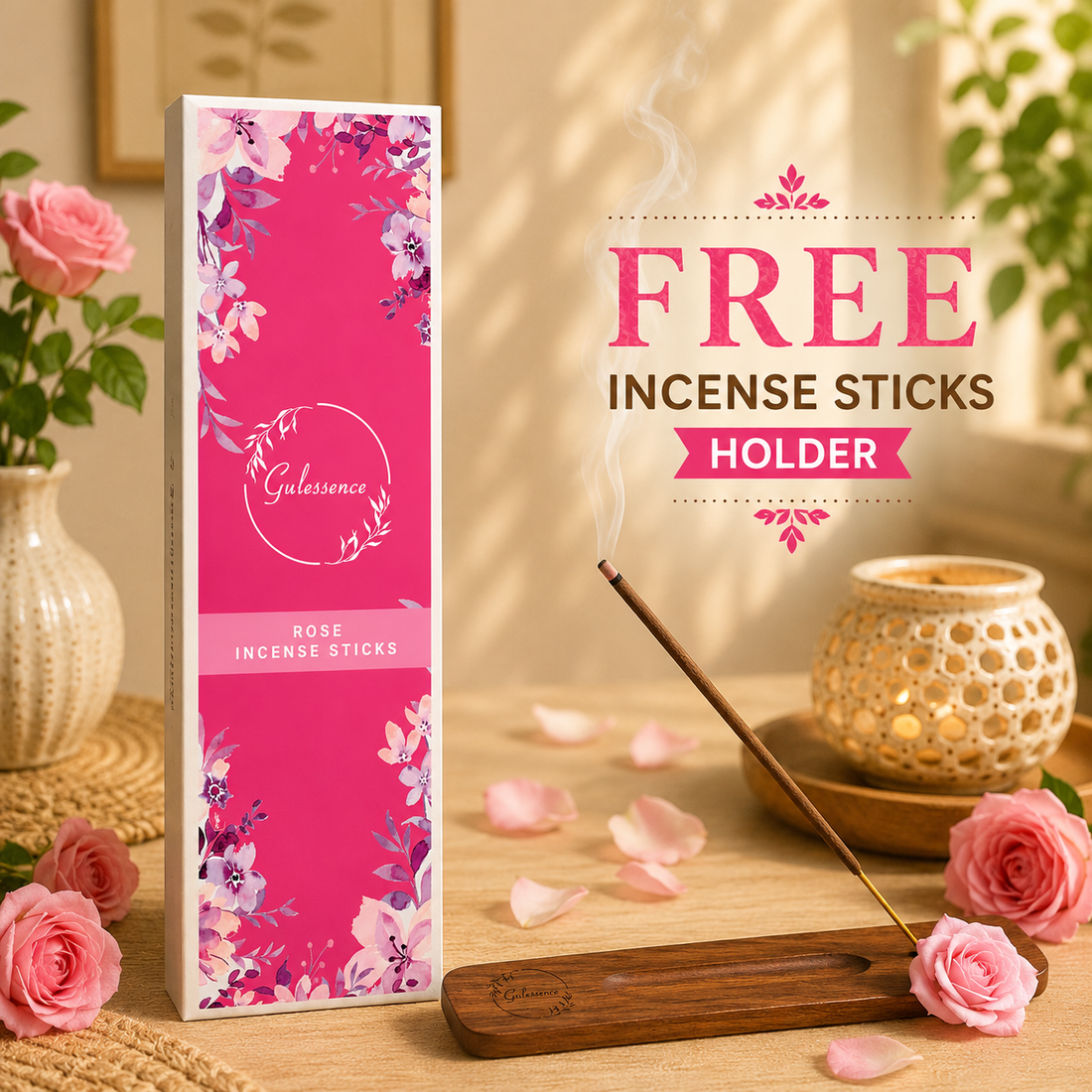 Organic Rose Floral Incense Sticks | Free Holder | Gulessence - Gulessence