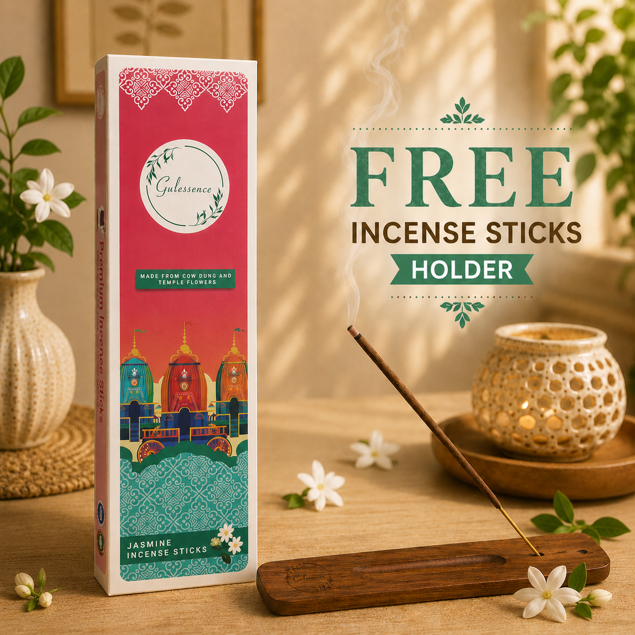 Gulessence Jasmine Incense Sticks – Cow Dung &amp; Temple Flowers | 40 Sticks + Free Wooden Holder - Gulessence