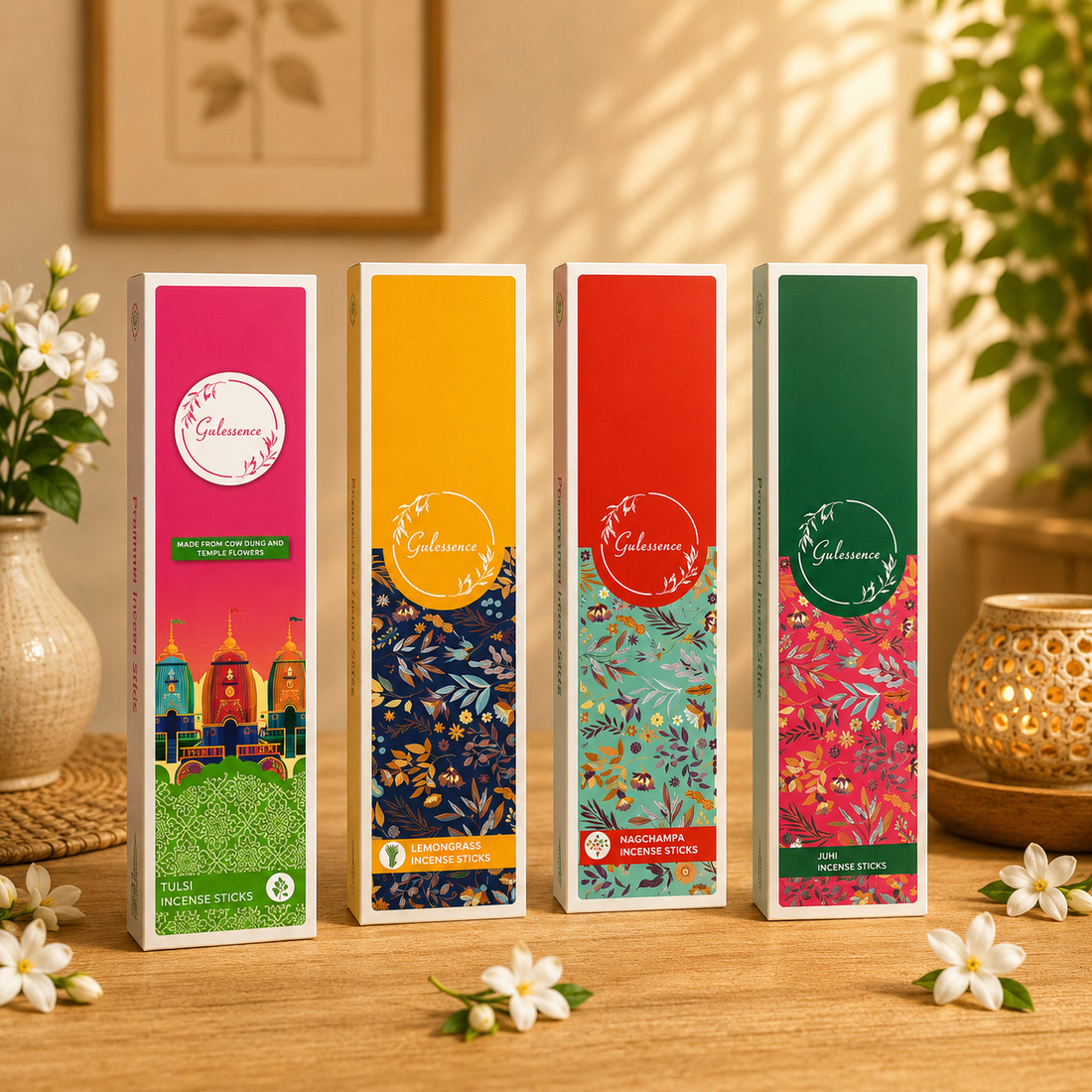 Tulsi, Lemongrass, Nagchampa &amp; Juhi Incense Sticks Combo | Pack of 4 | Gulessence - Gulessence