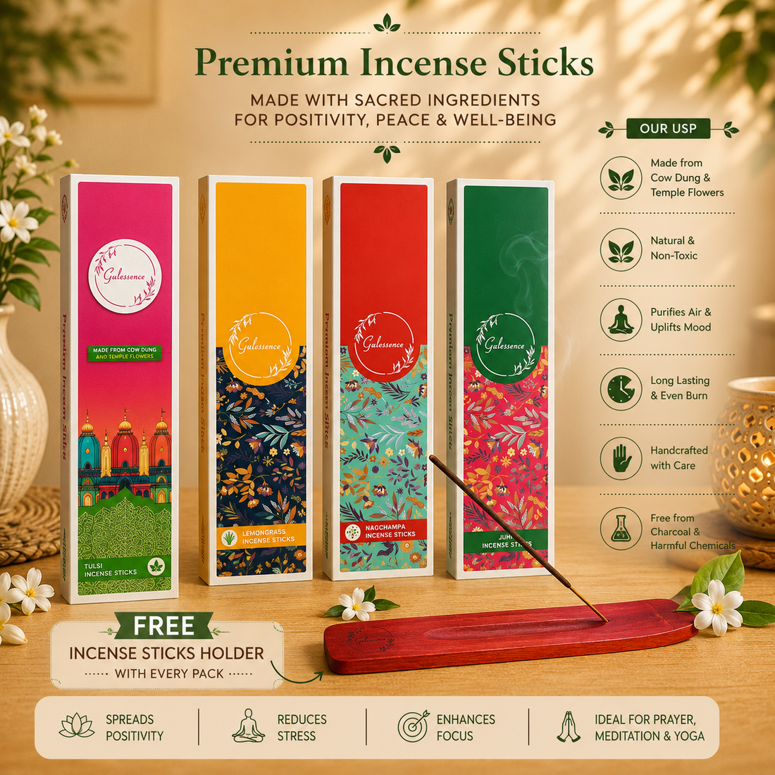 Tulsi, Lemongrass, Nagchampa &amp; Juhi Incense Sticks Combo | Pack of 4 | Gulessence - Gulessence