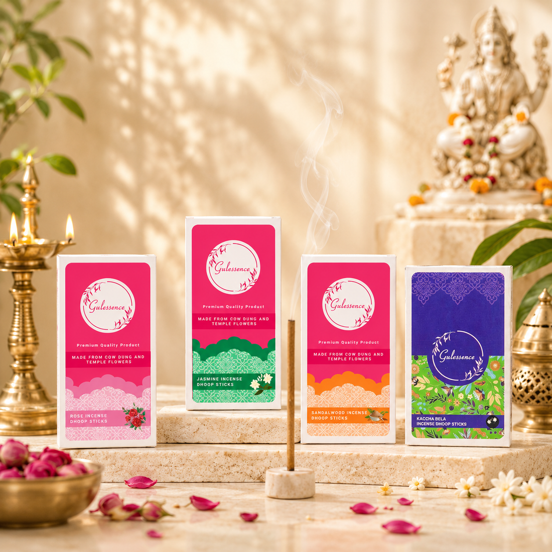 Gulessence Kacha Bela · Rose · Sandal · Jasmine Bambooless Dhoop Sticks Combo – 160 Sticks + Ceramic Holder - Gulessence