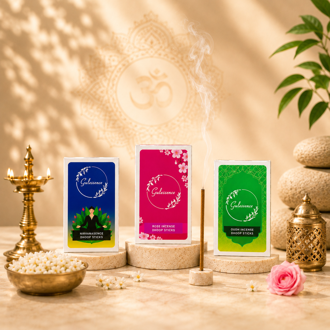 Gulessence Oudh · Rose · Nirvanasence Bambooless Dhoop Sticks Combo – 120 Sticks + Ceramic Holder - Gulessence