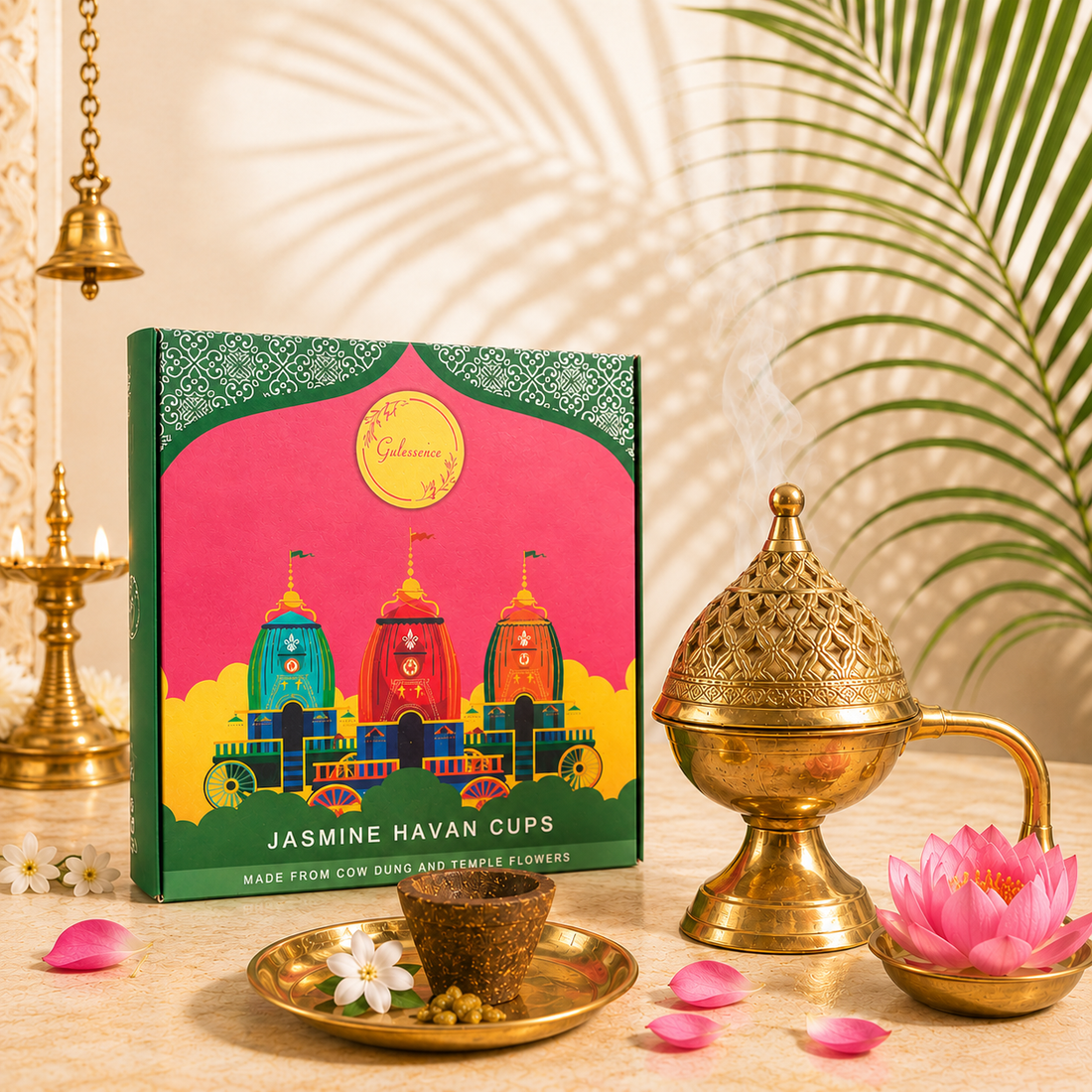 Gulessence Jasmine Havan Cups &amp; Brass Dhooni – Made from Cow Dung &amp; Temple Flowers (15 Cups + Free Ceramic Plate)
