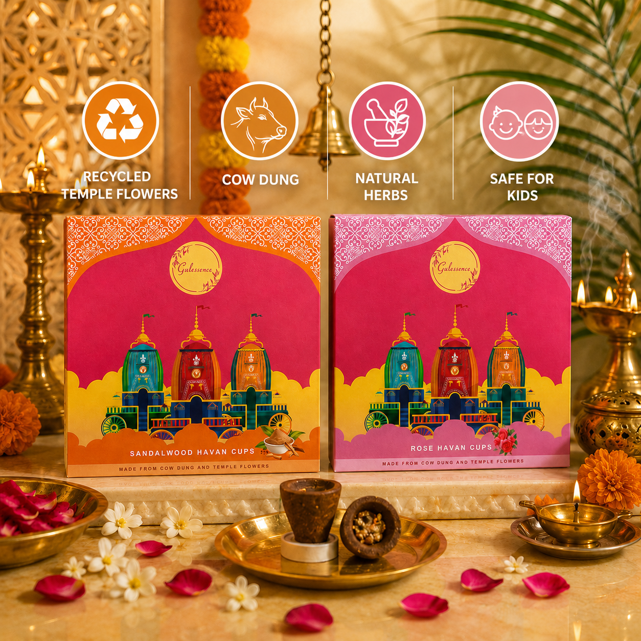 Gulessence Rose &amp; Sandalwood Havan Cups – Pack of 2 | 30 Cups + Free Ceramic Plate | Cow Dung &amp; Temple Flowers - Gulessence