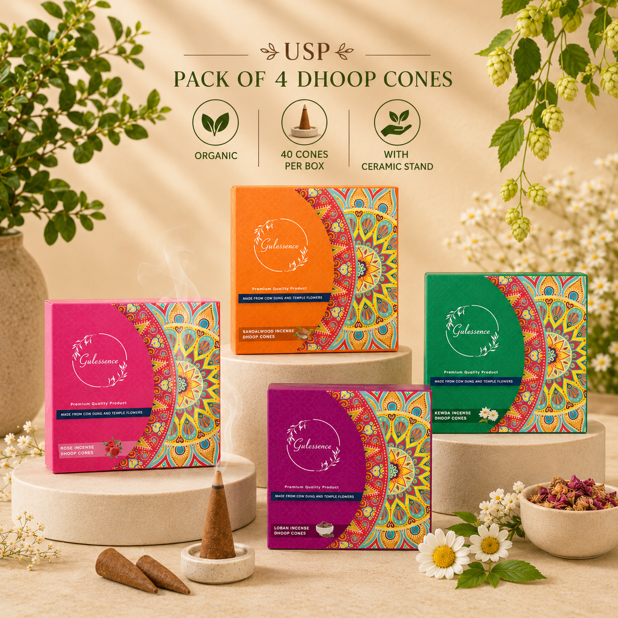 Combo pack dhoop cones burning on ceramic stand | Gulessence