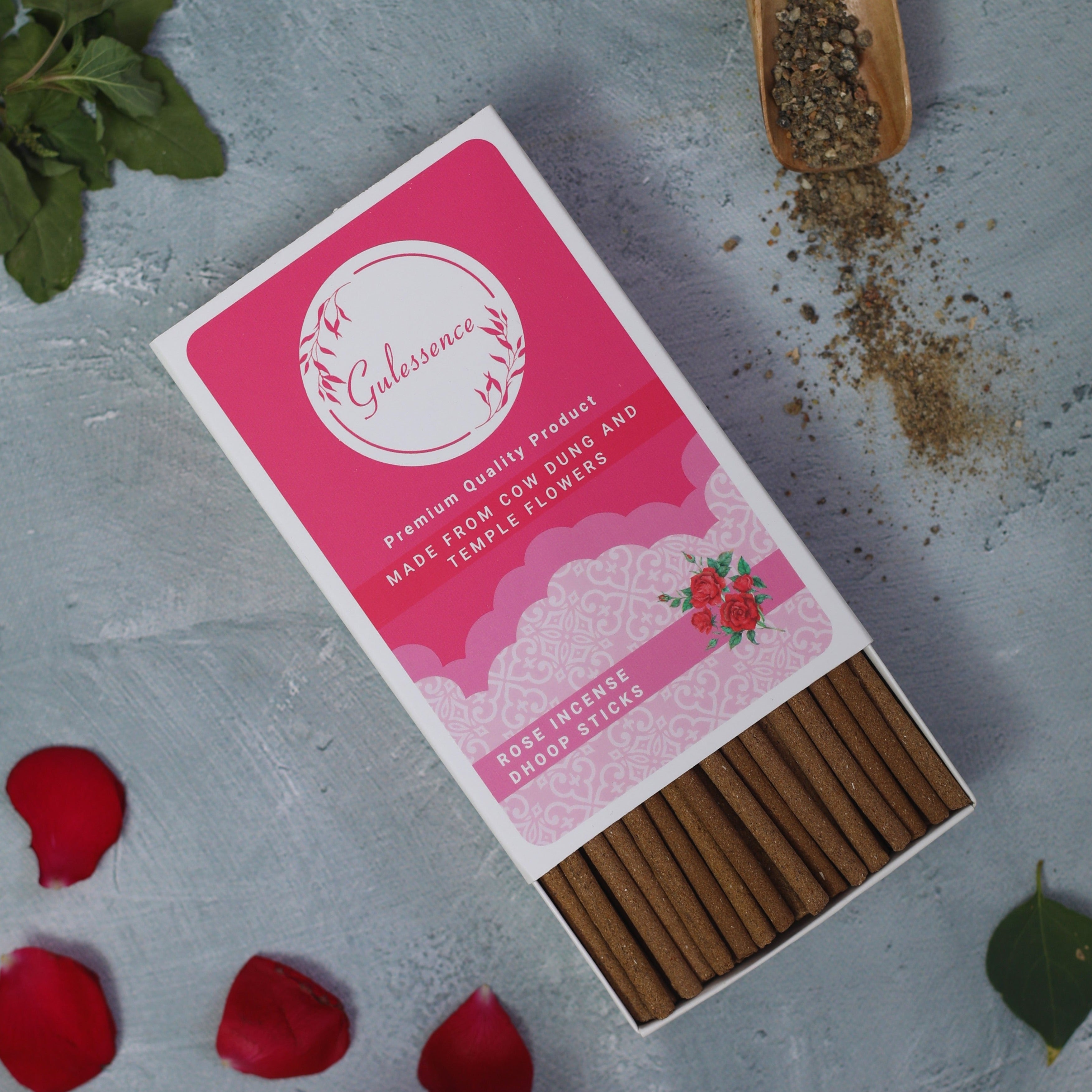 Rose Dhoop Sticks | Made from Cow dung &amp; Temple Flower | Bamboo less Dhoop Sticks | Gulessence - Gulessence