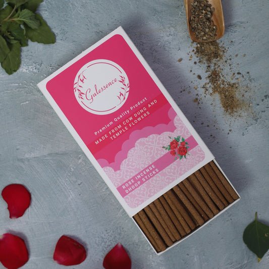 Rose Dhoop Sticks | Made from Cow dung & Temple Flower | Bamboo less Dhoop Sticks | Gulessence - Gulessence