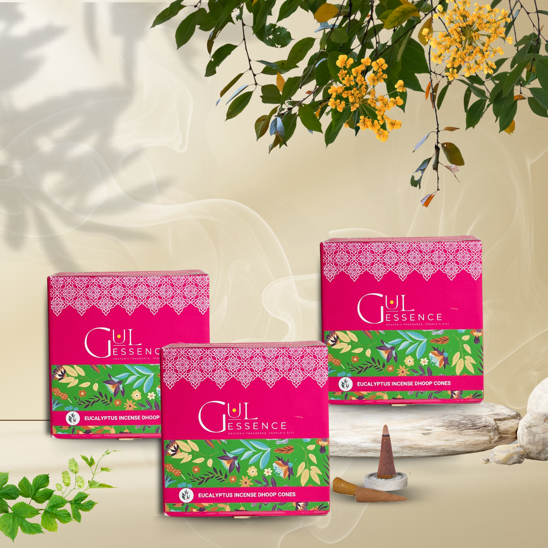 Eucalyptus Dhoop Cones | Made from Temple Flower | Gulessence - Gulessence-Handmade dhoop cone texture showing temple flower and herb base
Eucalyptus dhoop cone used during daily puja at home mandir