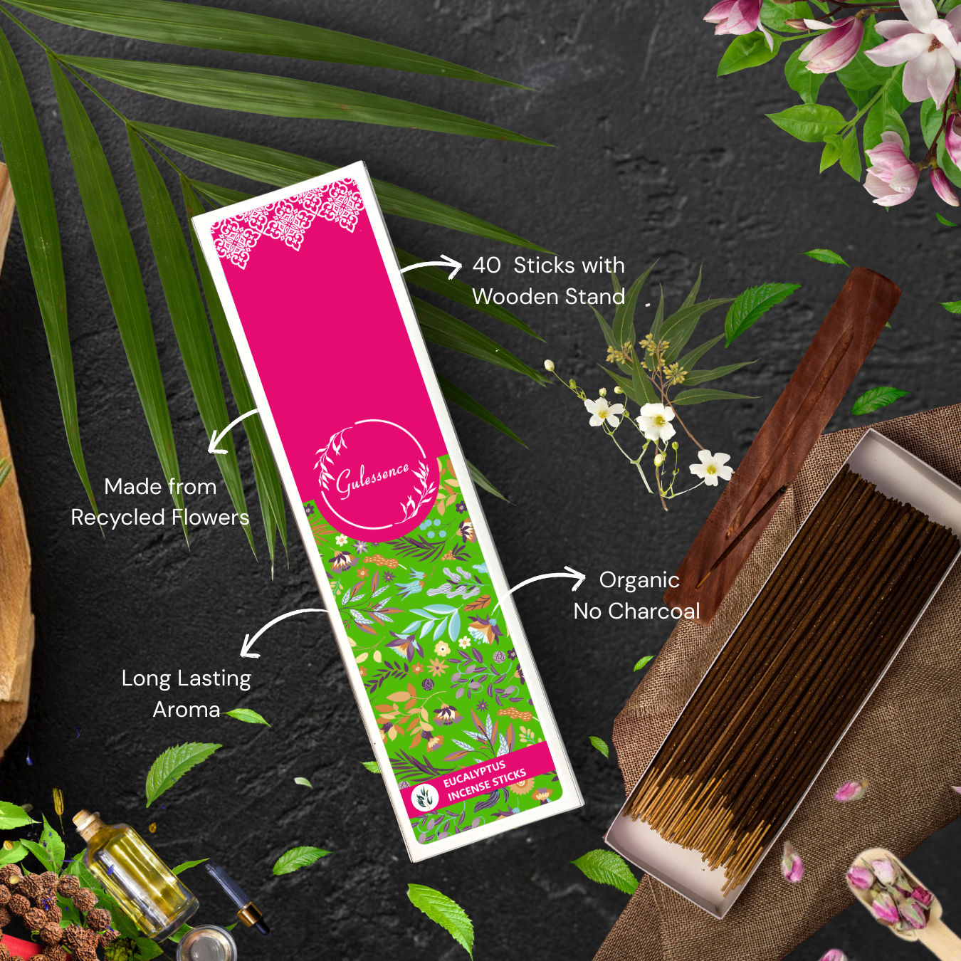 Eucalyptus Incense Sticks With Free Incense Holder| Made from Temple Flower | Gulessence - Gulessence
