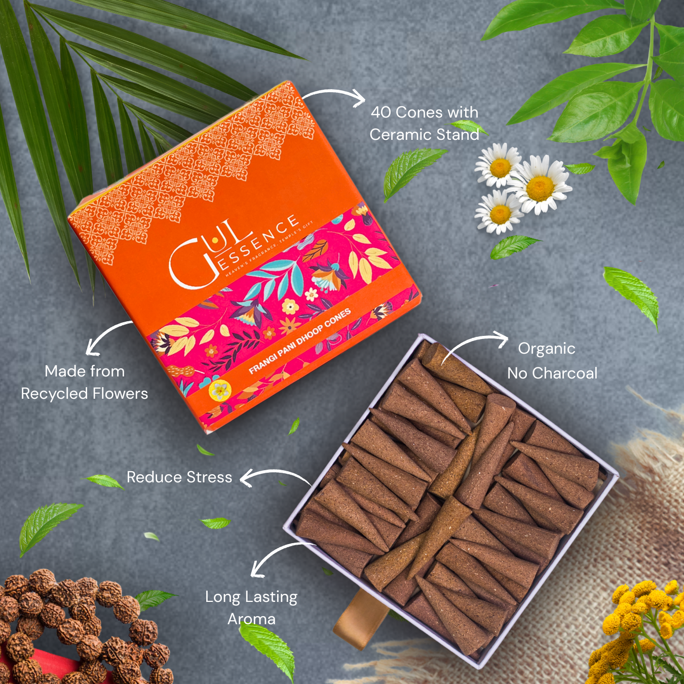 Firangipani Dhoop Cones | Made from Temple Flower | Gulessence - Gulessence-Single Firangipani dhoop cone made from recycled temple flowers, 1.5 inch size