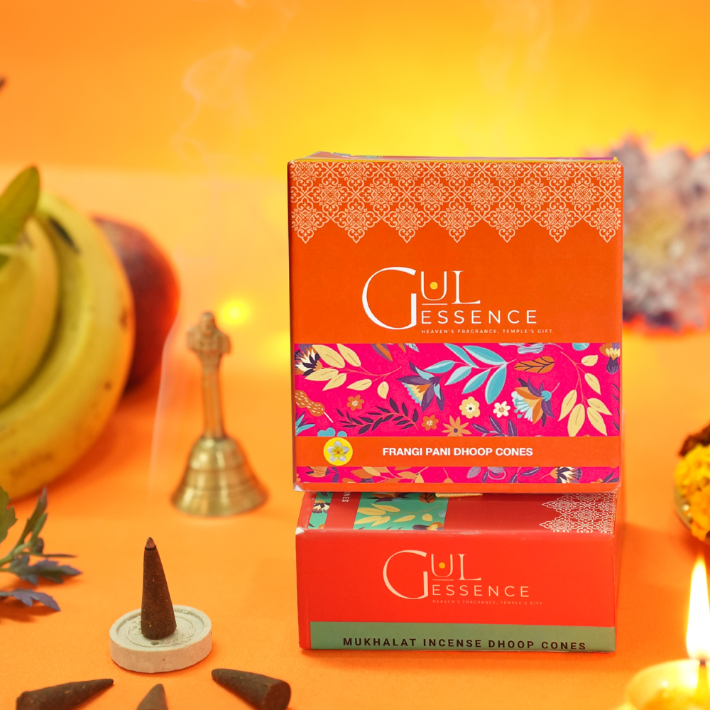 Firangipani Dhoop Cones | Made from Temple Flower | Gulessence - Gulessence-Firangipani dhoop cone burning on ceramic stand with rising smoke