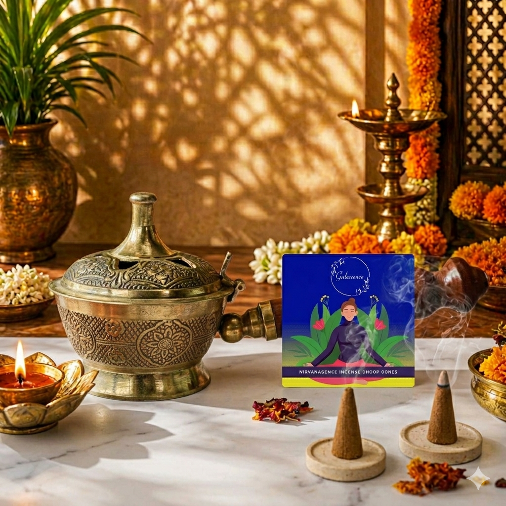 Gulessence Nirvanasence Dhoop Cones and Brass Dhooni Combo - Gulessence