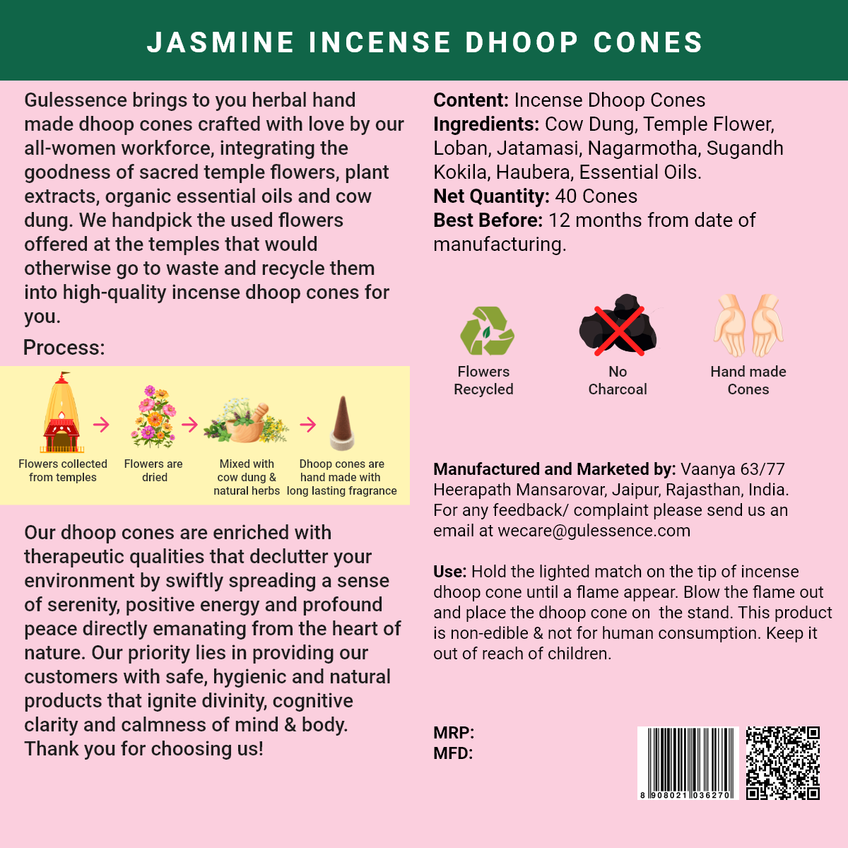 Jasmine Dhoop Cones | Made from Cow dung &amp; Temple Flower | Gulessence - Gulessence