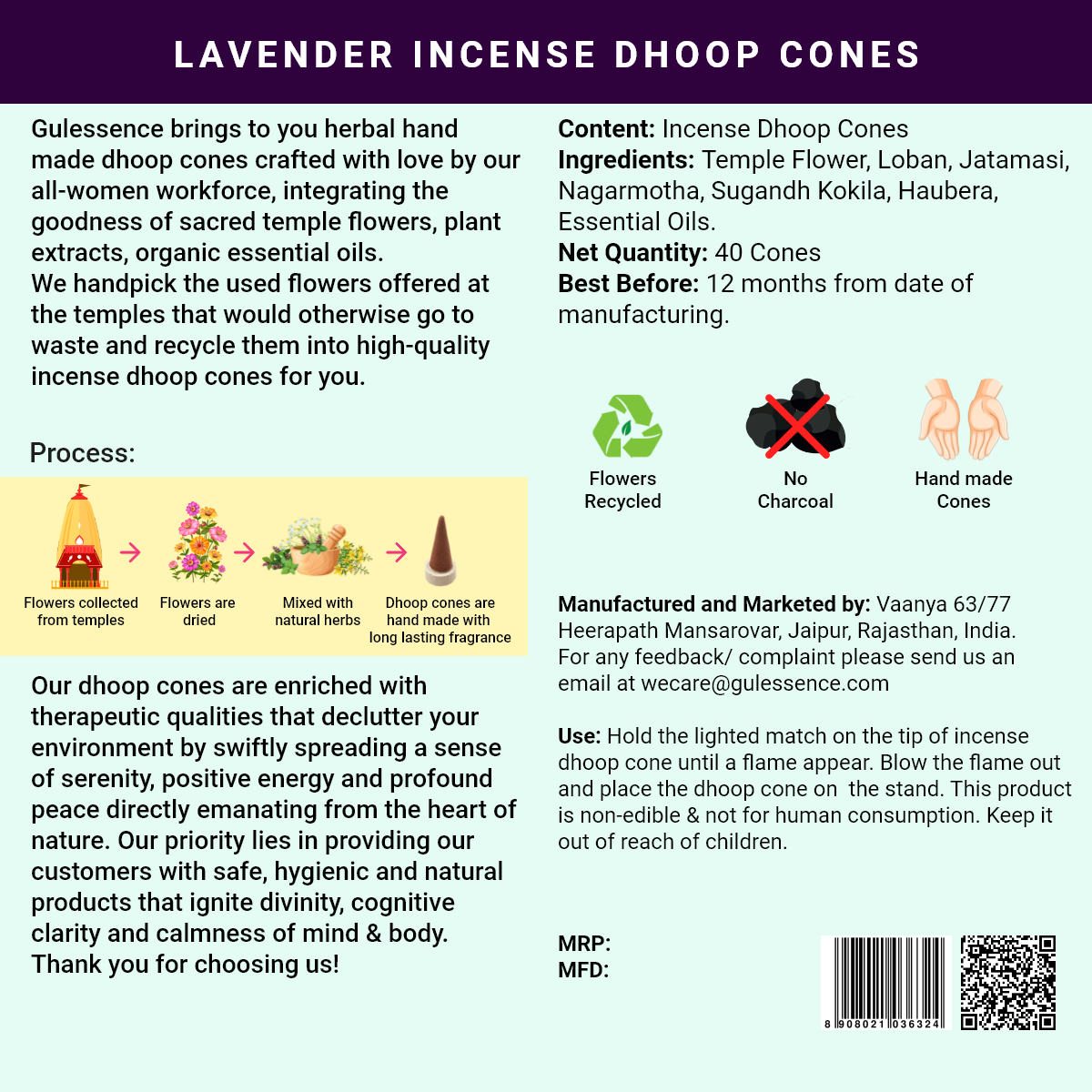 Lavender Dhoop Cones | Made from Temple Flower | Gulessence - Gulessence