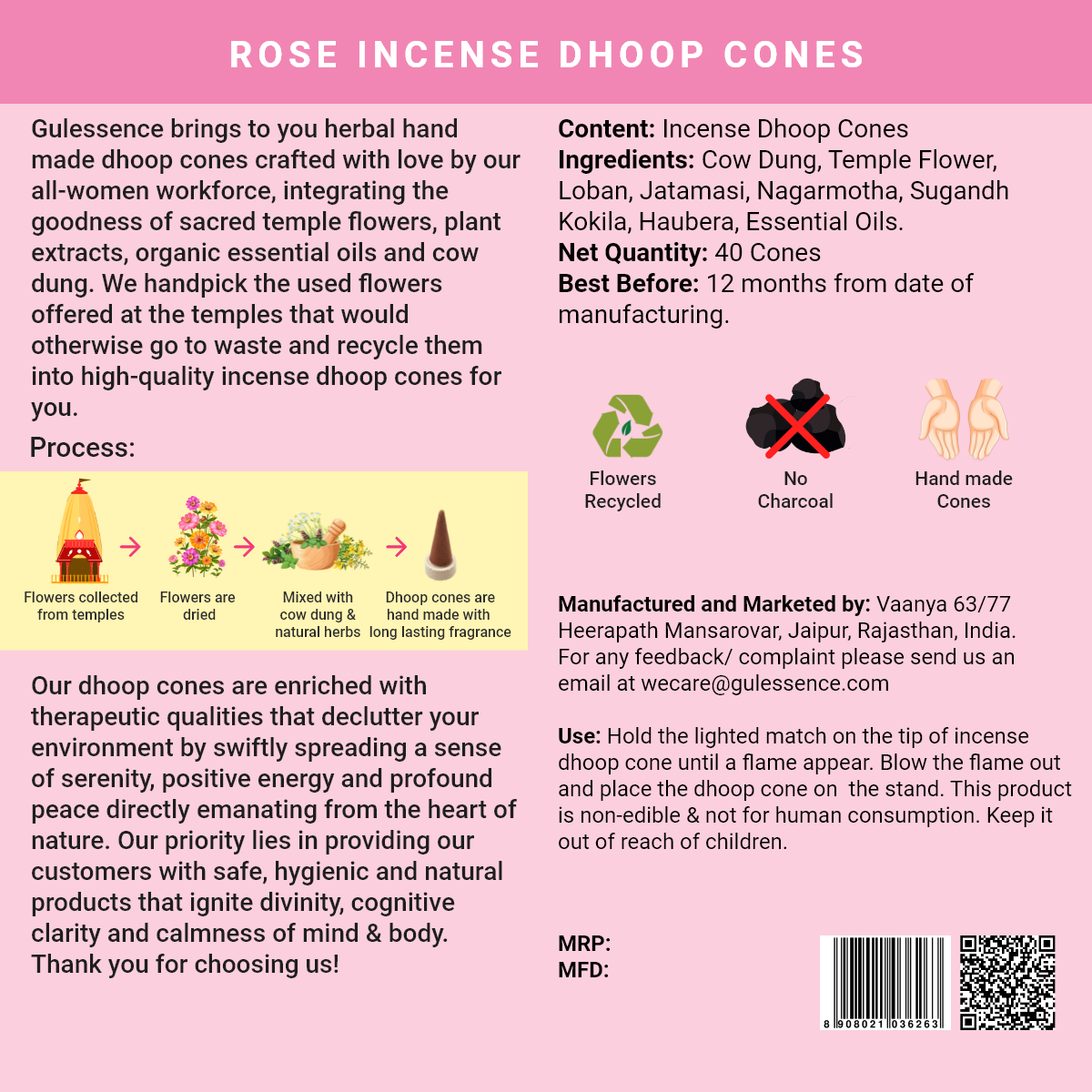 Rose Dhoop Cones | Made from Cow dung &amp; Temple Flower | Gulessence - Gulessence