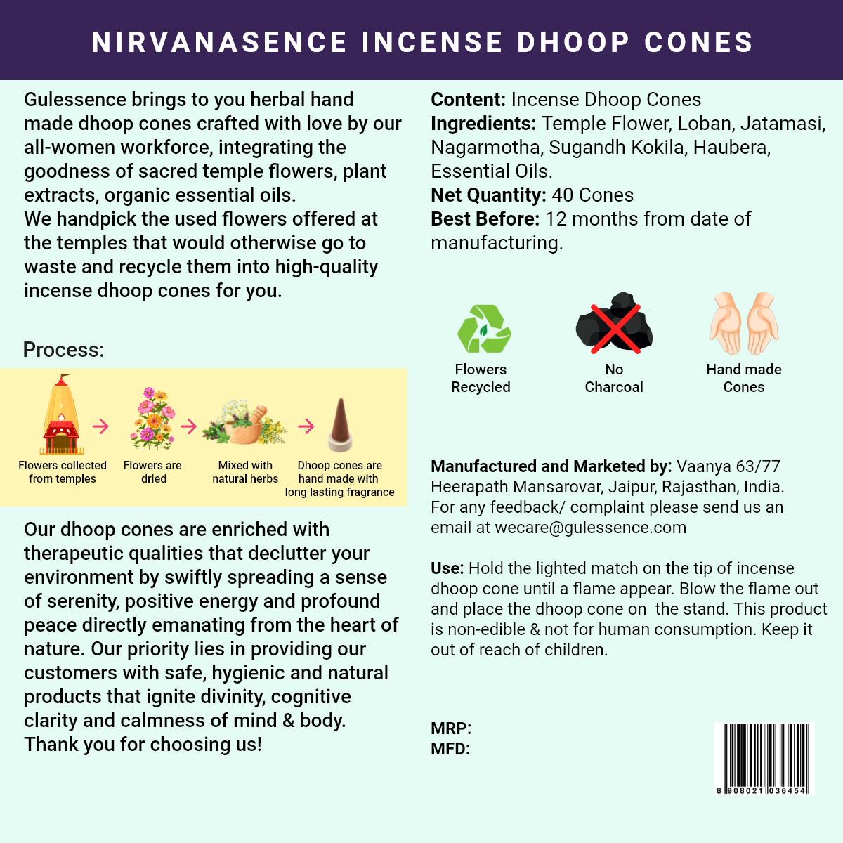 Nirvanasence Dhoop Cones | Made from Temple Flower | Gulessence - Gulessence