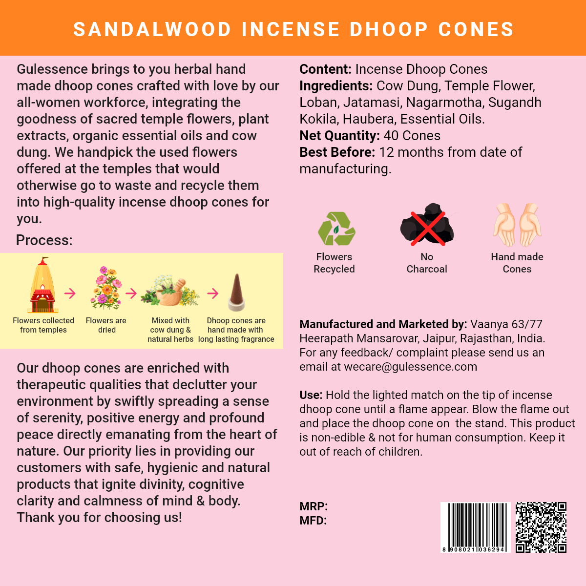 Sandalwood Dhoop Cones | Made from Cow dung &amp; Temple Flower | Gulessence - Gulessence