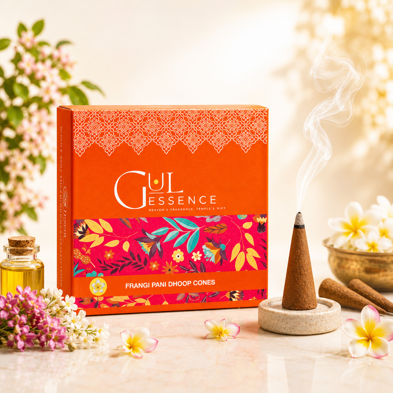 Gulessence Firangipani dhoop cones box with ceramic stand, 40 cones pack