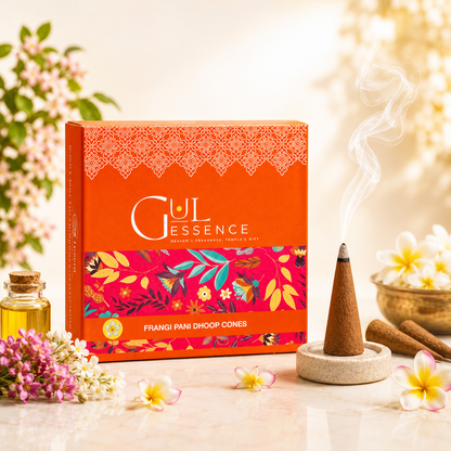 Gulessence Firangipani dhoop cones box with ceramic stand, 40 cones pack