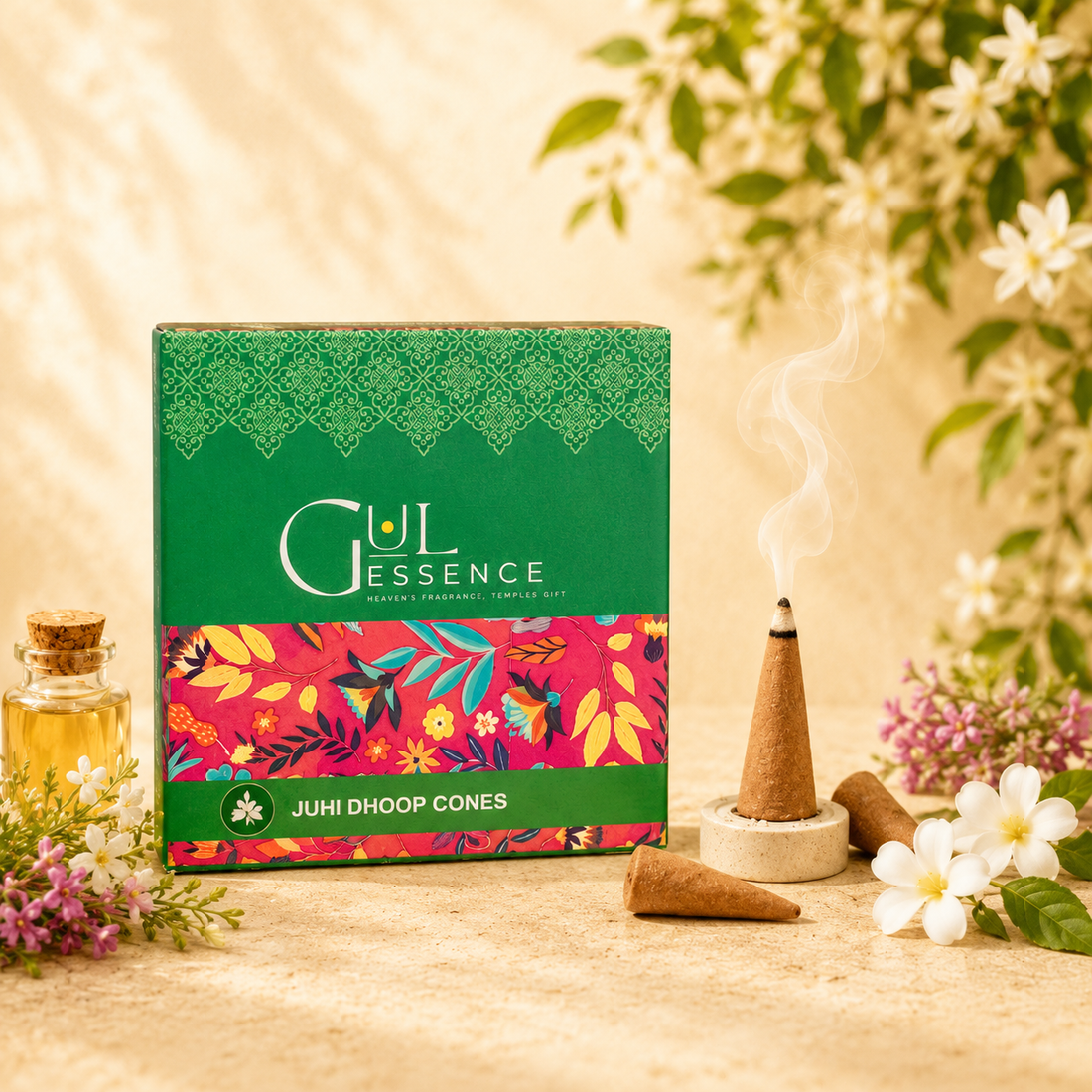 Gulessence Juhi dhoop cones box with ceramic stand, 40 cones pack